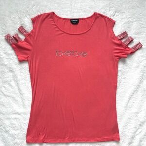 Bebe Cold Shoulder Top Women Coral Pink Rhinestone Logo Embellished -Large